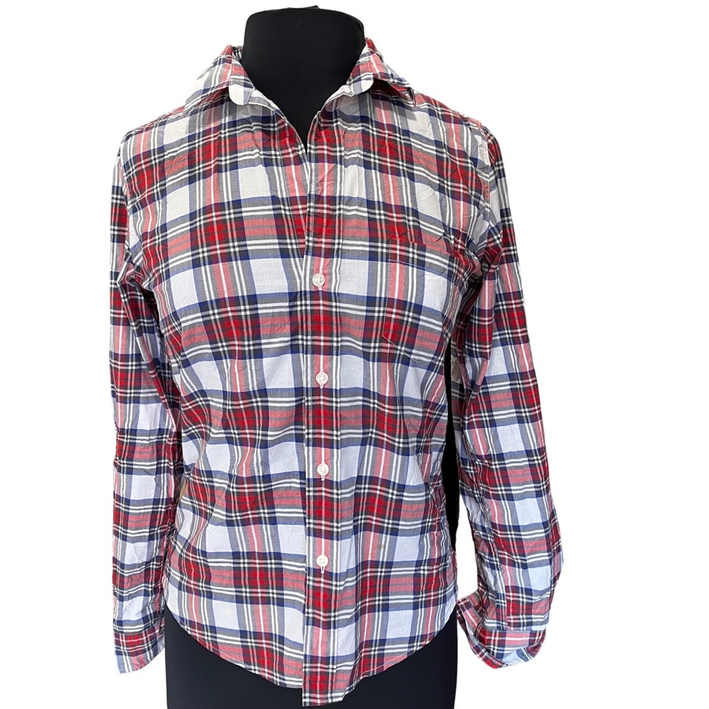 Frank & Eileen Barry Plaid Button Up Shirt Red White Blue Cotton XS Italy Fabric